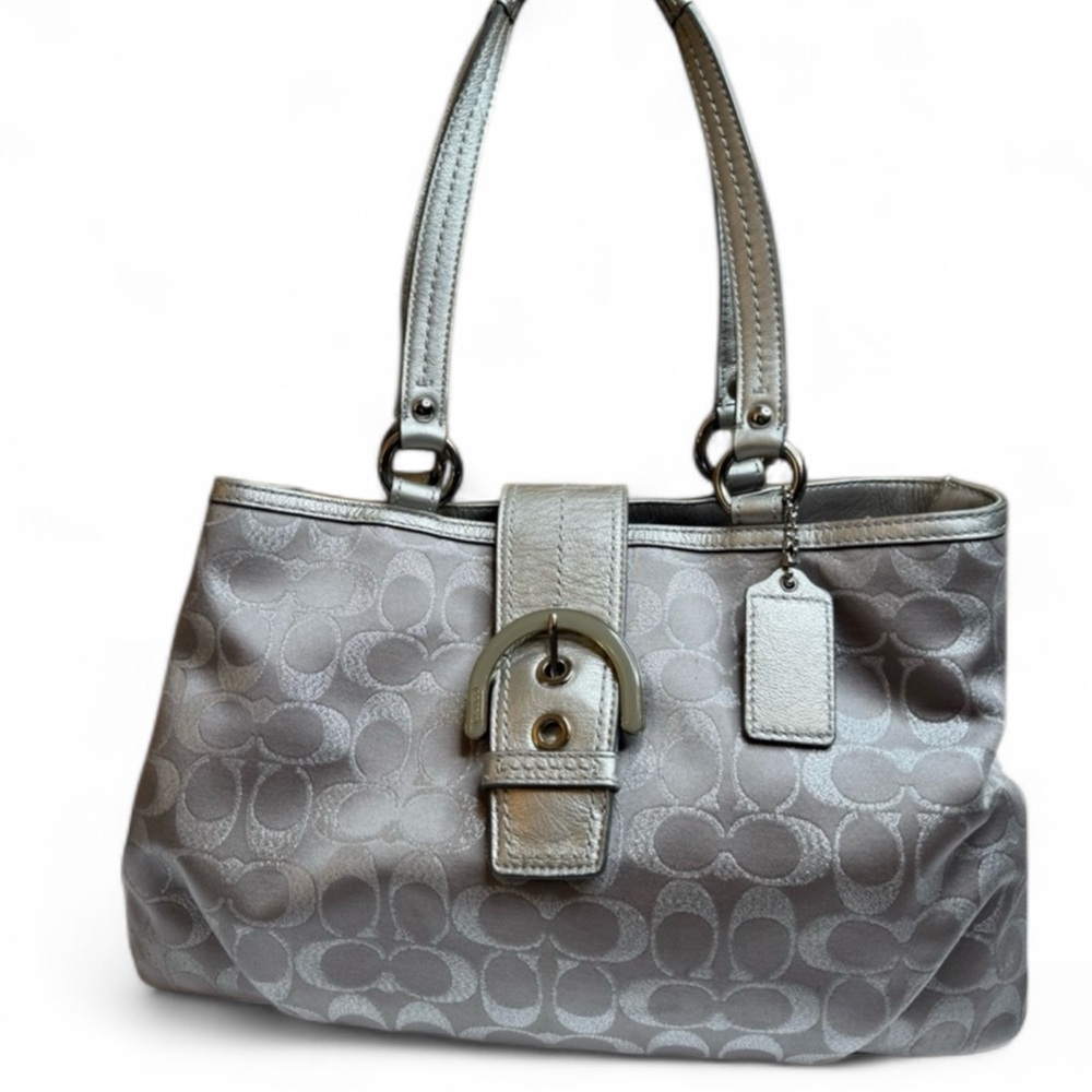 Coach Signature Metallic Silver Jacquard Tote Bag Leather Trim Y2K